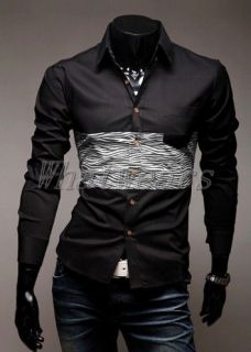   Slim Dress Shirt Tops Long Sleeve Black Zebra Striped M~XXL J27