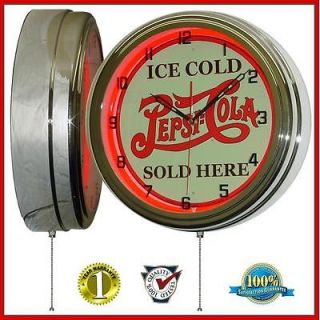 15.5 Inch Ice Cold Pepsi Cola Sold Here Tin Sign Red Neon Clock