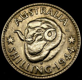 1944 AUSTRALIA Shilling STERLING SILVER RAMS HEAD Coin in GEM 