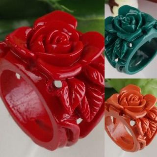 Cocktail Coral Manmade Carved Rose Flower Finger Ring
