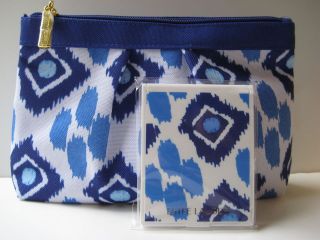   ~BLUE WHITE Geometric Print Makeup Bag + Folding Travel MIRROR~NEW