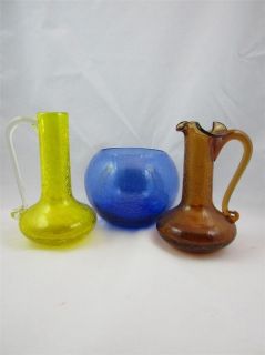 Vintage Crackle Art Glass Mini Pitcher/Vase & Rose Bowl Brown, Blue 