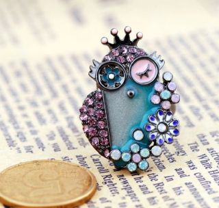 New Vintage Purple Crystal Camo Queen Crown Owl Ring 