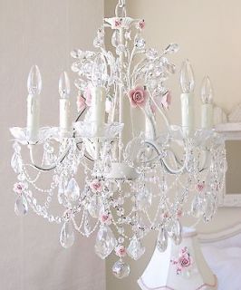 Crystal chandelier with Pink Porcelain roses~Shabby Cottage Chic 