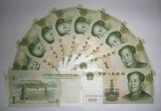 10 Pieces China Paper Money 1 Yuan NEW 1999 Mao Zedong UNC