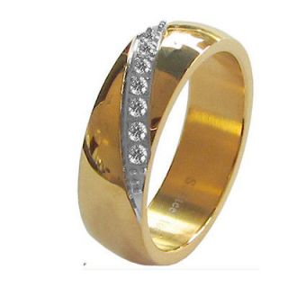 SEVEN CZ GOLD TONE STAINLESS STEEL 8MM MENS WEDDING BANDS RING SIZE 9