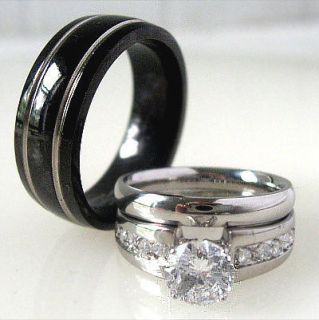   Mens Band and Womens STAINLESS STEEL CZ Wedding Ring SET NEW Black