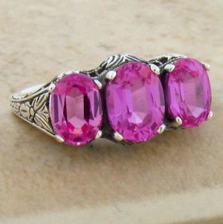PINK SAPPHIRE ANTIQUE ART DECO STYLE .925 SILVER FILIGREE RING SIZE 8 
