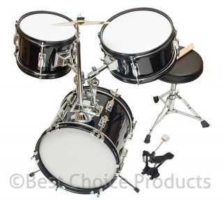Drum Set 3 pc Kids 12 Black Beginners Complete Set with Throne 