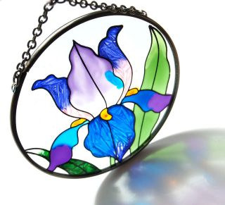 Suncatcher ~ Hanging Glass Window Decoration ~ Plaque ~Iris Flower