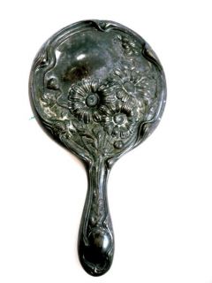   Nouveau Hand Mirror Sterling Slver Plate Daisies & Poppies Repousse