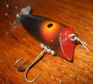   Old Wooden Black/Red POPPER Fishing Lure~Propeller FiSH~2 Treble Hooks