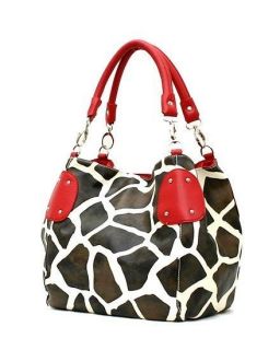   Giraffe Print Convertable Purse Handbag Tote Bag Red Trim & Handles