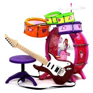 Girls Kids Drum Set Kit & Red Guitar Toy Musical Instrument Playset 