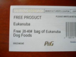 COUPON FOR (1) SIZE BAG OF 28 40# EUKANUBA DOG FOOD 05/31/13