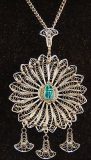 UNIQUE Filigree Egyptian Revival Clay/Pottery Turquoise Scarab 