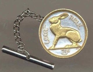 Ireland 3 Pence Rabbit Tie Tacks 2 Toned Gold on Silver Coin Jewelry