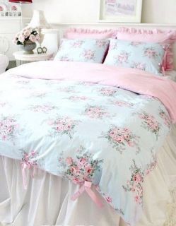 Shabby and elegant Blue Style rose/pink gingham ties Duvet cover set