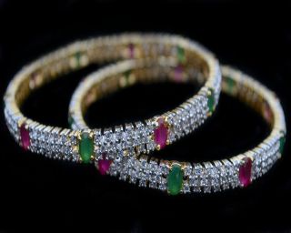 IKJ35 Indian Bangles Bracelets Shining Ruby Emerald Simulated CZ Gold 