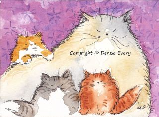  Cat Mama Kittens Dilute Calico Brown Ginger Red Tabby ATC ACEO Print