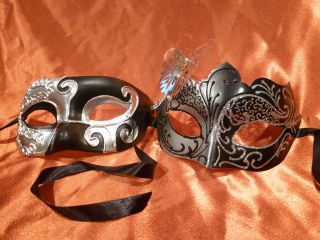 MARDI GRAS MASK SILVER AND BLACK MASQUERADE BALL MASK HIS AND HERS 