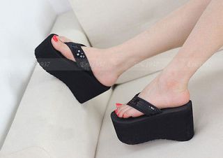 Womens flip flops High Wedge Heel Platform Pumps Shoes Sandals black 