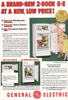 1950 General Electric Refrigerator: Brand new 2 door G E, Print Ad