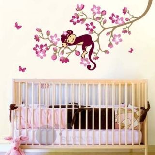 Removable Pink Flower Butterfly Cute Monkey On The Tree Room Wall 