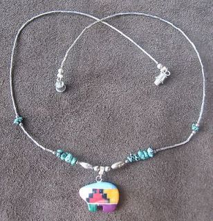Native American Zuni Bear Inlay Silver necklace NEW