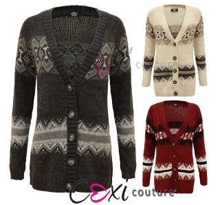 NEW LADIES KNITTED 5 BUTTON AZTEC PRINT JUMPER CARDIGAN WOMENS TOP ONE 