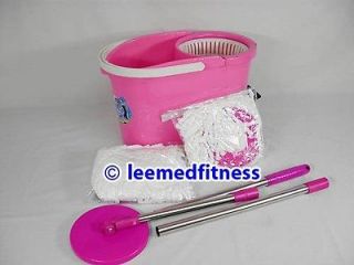 Magic Spin Mop with Pink Plastic Bucket and 4 Heads Rotate 360°