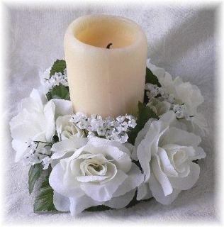   WHITE CANDLE RINGS Silk Roses Wedding Flower Centerpiece Unity Candle