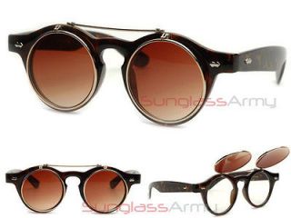 FLIP UP ROUND KEYHOLE Sunglasses BROWN vintage retro wayfarer 