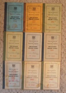   NON RESIDENT ANGLING LICENSE, FISHING LICENSE, NINE TOTAL, 1950~1957
