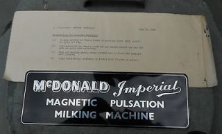   Mc DONALD IMPERIAL MILKING MACHINE METAL LIKE SIGN NEW OLD STOCK
