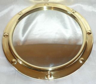   1950s LARGE BRASS PORTHOLE CONCAVE MIRROR WITH WOODEN BACK & CHAIN