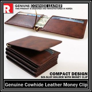   Genuine Cowhide Leather Money Clip Wallet Compact Design Brown