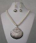 Silvertone Clam Shell Pendant Necklace & Earring Set, Beach Wedding 