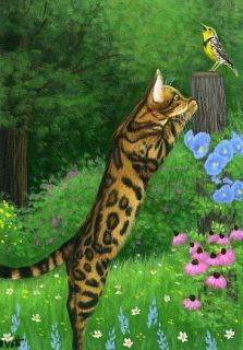 Bengal cat bird garden summer landscape limited edition aceo print art