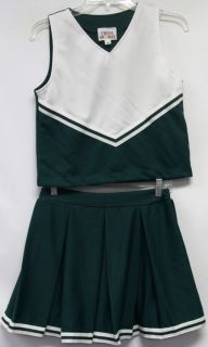 Cheer Kids MotionWear Cheerleading Outfit Green Wht V Front Box Pleat 