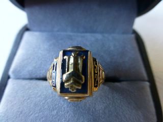 Vintage 1957 HJ10k 10k gold enamel ring blue stone Munich Germany 