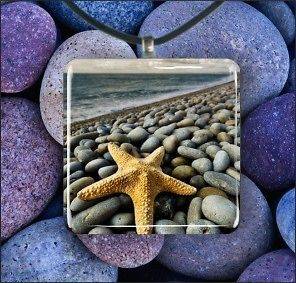 STAR FISH ON ROCKY BEACH GLASS PENDANT NECKLACE