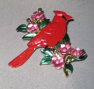 Red CARDINAL bird Pink Flowers Pin Brooch NEW Jewelry