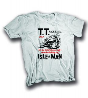 Isle Of Man TT retro advert T Shirt White with logo sizes S to XXXL