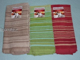 KITCHENAID TWO TOWELS ABSORBENT COTTON TERRY RED/TAN, BRN or BLUE/GRN 