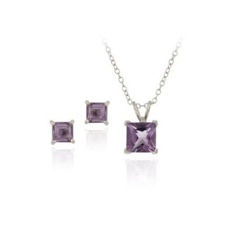 925 Silver 2.75ct Amethyst Square Solitaire Pendant & Earrings Set
