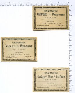   Holzhauer Co. perfume bottle labels (3) c. 1890 Troy, NY barber supply
