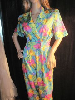 Vintage 1980s Green Blue Pink Yellow Jumpsuit by Joan Waters Size 4