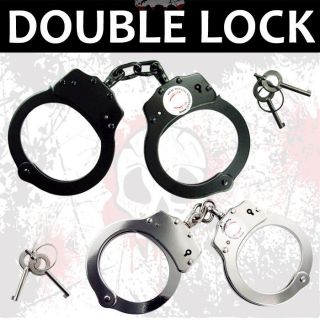 2pc SET Police Handcuffs NICKEL PLATED Double Lock REAL Hand Cuffs w 
