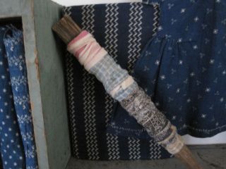 Early Wood Barn Peg Wrapped in Blue and Cream OLD HOMESPUN Fabric 